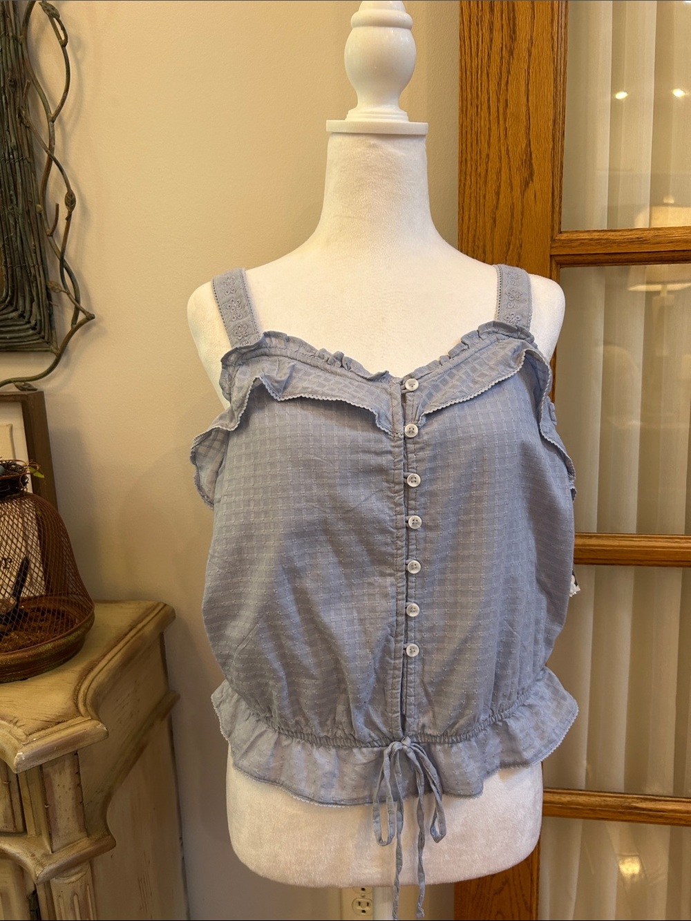 SO Light Blue Ruffle-Trim Button Front Camisole